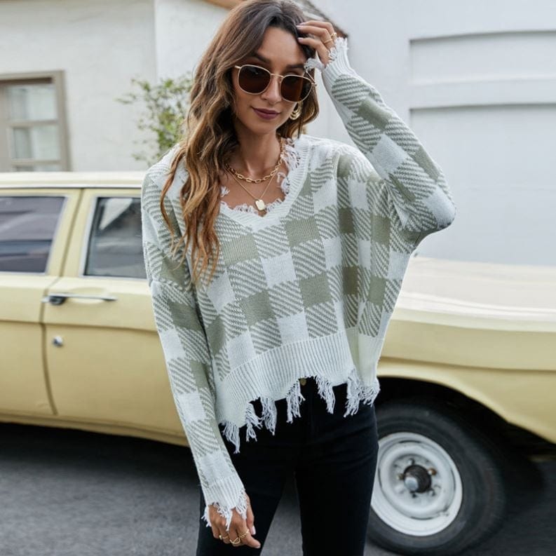 Hot 2022 Sexy Off-The-Shoulder V-Neck Knitted Top Ripped Plaid Loose Sweater