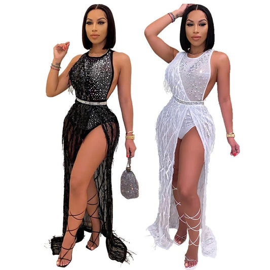 Hot Diamond Sequin Bodycon Sexy Front Split Women Party Black White Long Dress