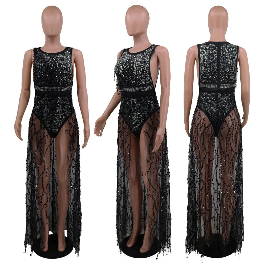 Hot Diamond Sequin Bodycon Sexy Front Split Women Party Black White Long Dress