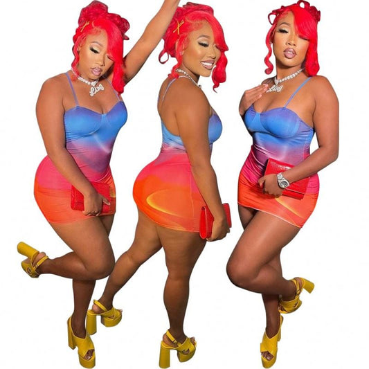 Hot New Product Sexy Low Cut Colorful Gradient Spaghetti Strap Dress High Waist Sleeveless Backless Bodycon Dresses For Women