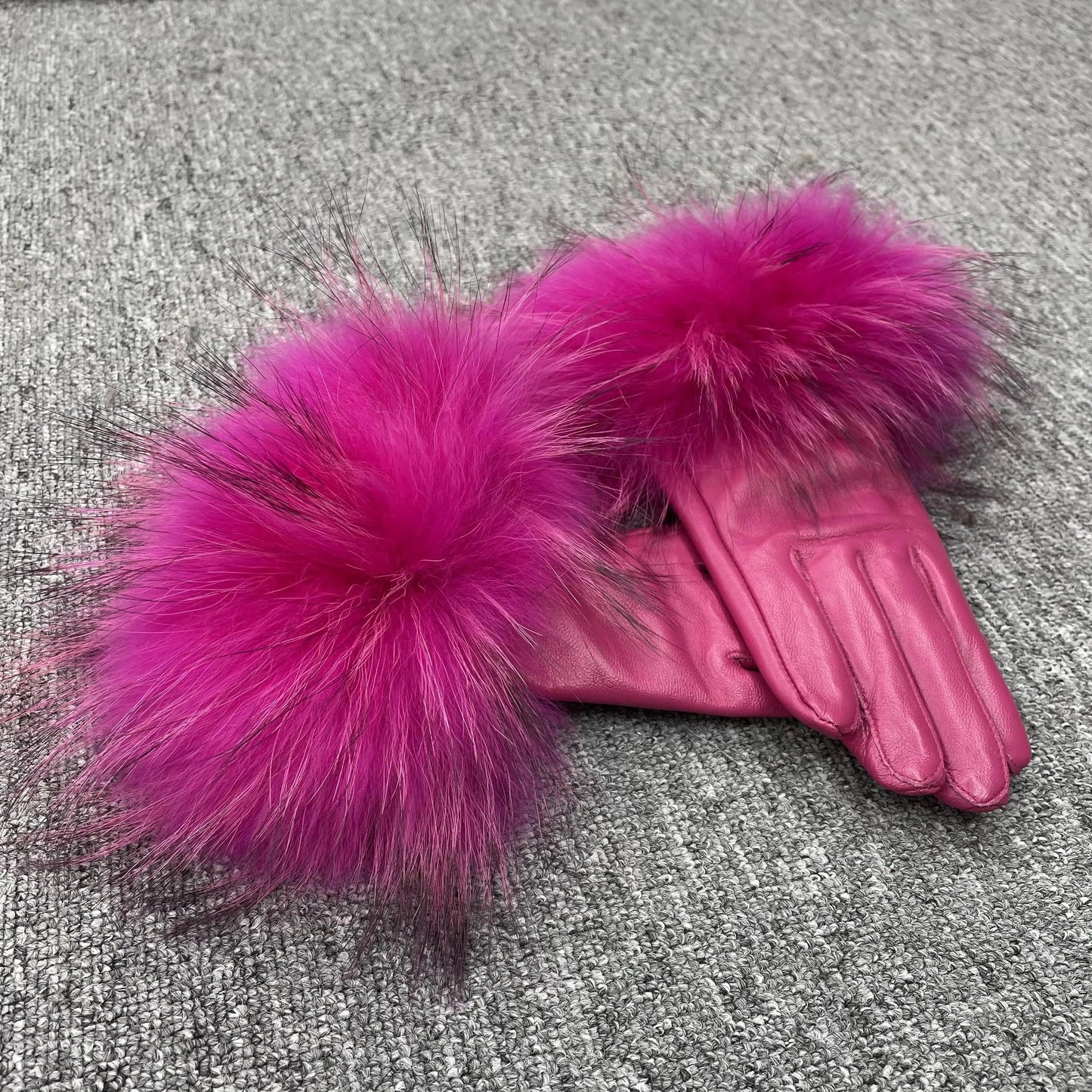 hot pink Modern Style Beautiful Design Colorful Raccoon Fur Cuff Genuine Leather Gloves For Women