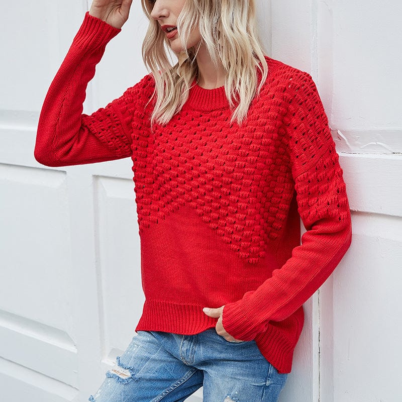 Hot Round Neck Pullover Women's Knitted Sweater Solid Color Long Sleeve Hollow