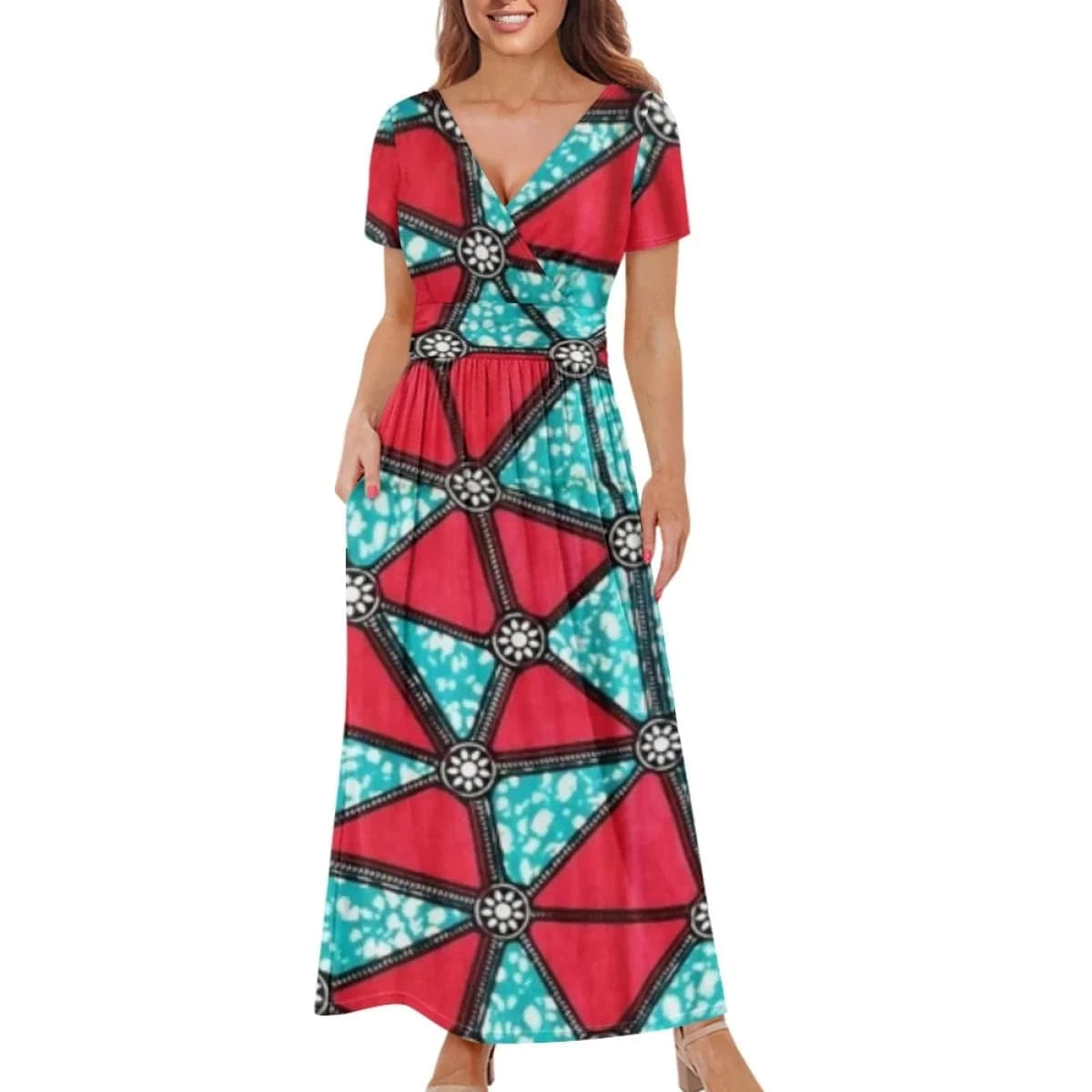 Hot sale custom made geometric design short sleeves long dresses african wax print clothes women's dresses for special occasions