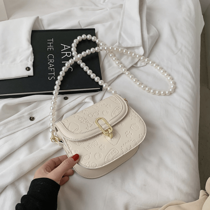 Hot sale cute cartoon print pearl chain lady tote bag small square bag shoulder handbag Chain Shoulder Messenger Bags