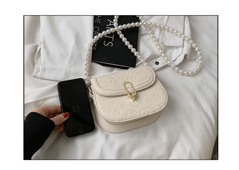 Hot sale cute cartoon print pearl chain lady tote bag small square bag shoulder handbag Chain Shoulder Messenger Bags