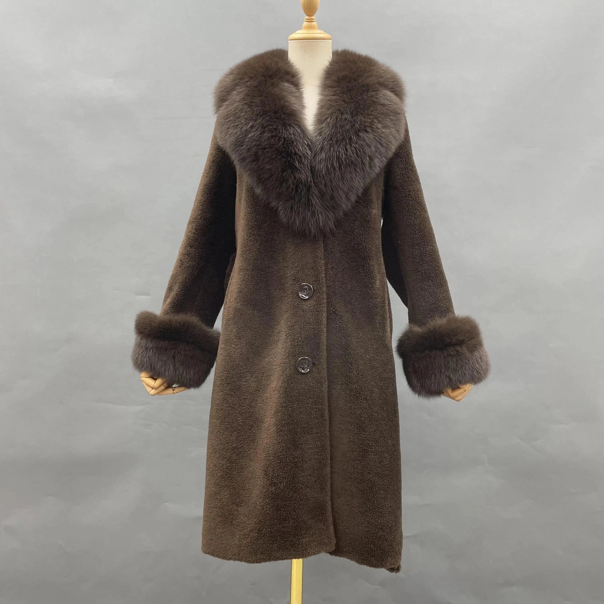 Hot Sale Fashion Winter Sheep Shearling Jacket Women Fox Fur Collar Real Lamb Wool Coat