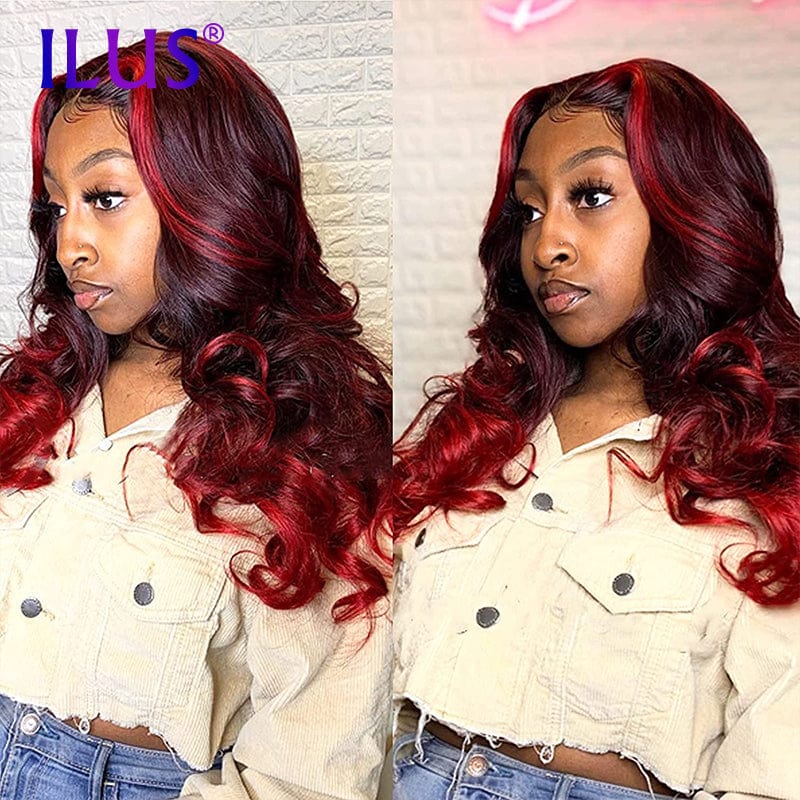 Hot Sale Free Shipping Wigs Body Wave Dark Red/99J Highlight Colored HD Transparent Lace Front Human Hair Wigs For Black Women