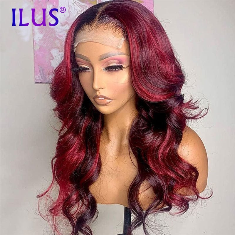 Hot Sale Free Shipping Wigs Body Wave Dark Red/99J Highlight Colored HD Transparent Lace Front Human Hair Wigs For Black Women