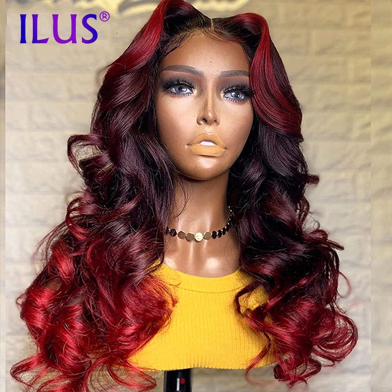 Hot Sale Free Shipping Wigs Body Wave Dark Red/99J Highlight Colored HD Transparent Lace Front Human Hair Wigs For Black Women