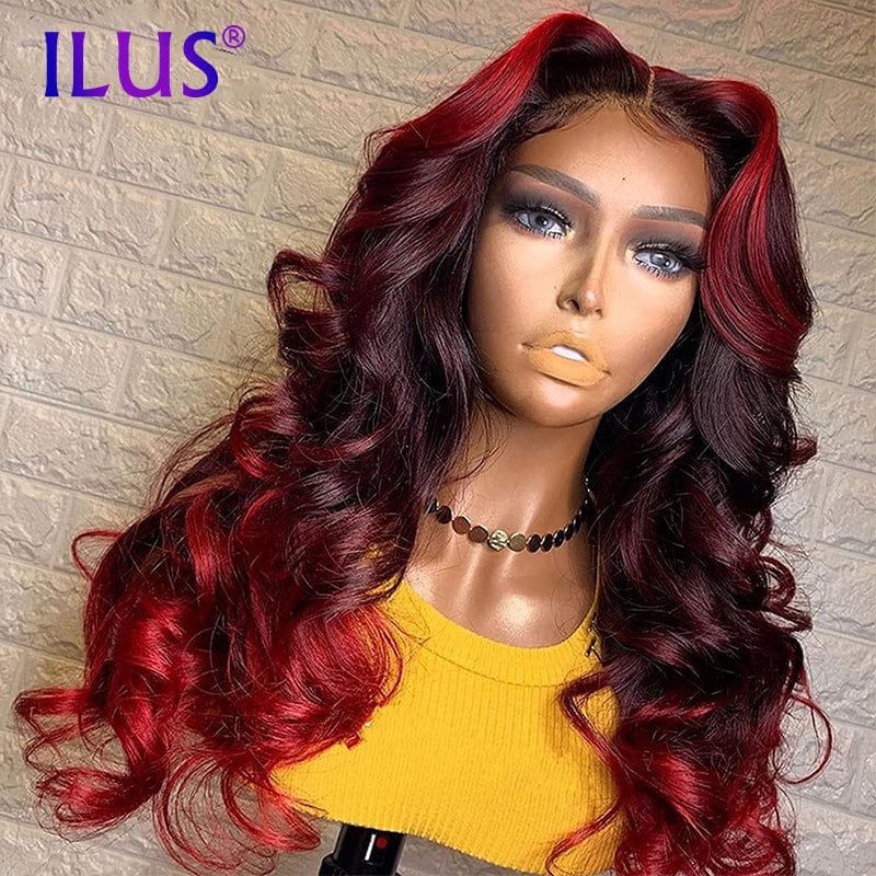 Hot Sale Free Shipping Wigs Body Wave Dark Red/99J Highlight Colored HD Transparent Lace Front Human Hair Wigs For Black Women