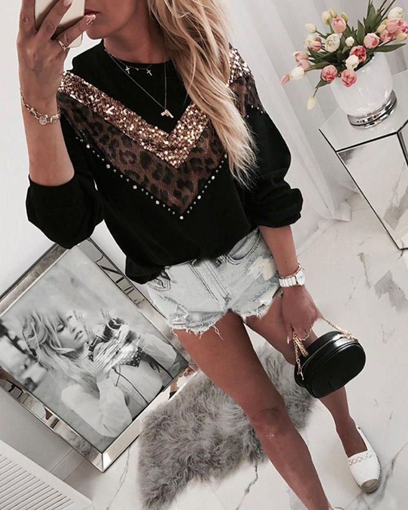 Hot Sale High Quality Autumn Winter New Sequined Leopard Stitching Wholesale Women's Long-sleeved Round Neck Hoodie
