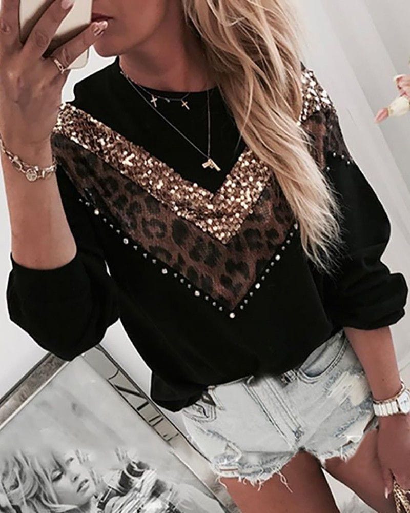 Hot Sale High Quality Autumn Winter New Sequined Leopard Stitching Wholesale Women's Long-sleeved Round Neck Hoodie