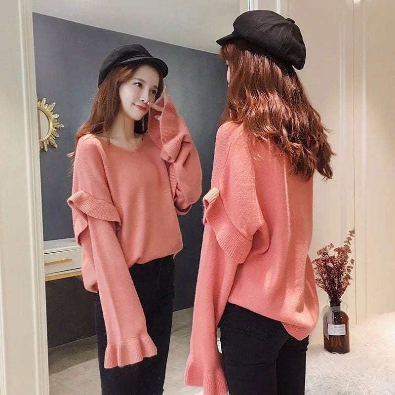 Hot Sale High Quality V-Neck Woman Loose Sweet Winter Thick Sweater Lady Knitting Pullover Fashion Jumpers For Spring