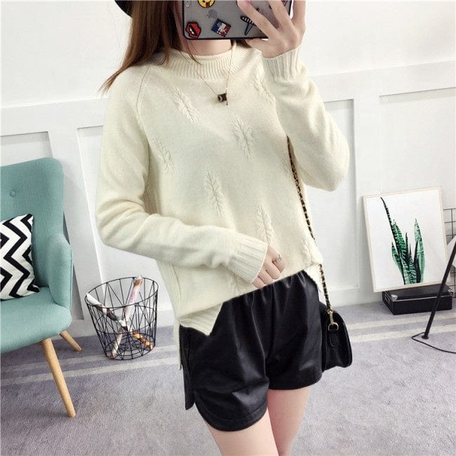 Hot Sale Korean Style High Neck Leaf Print Woman Cashmere Sweater