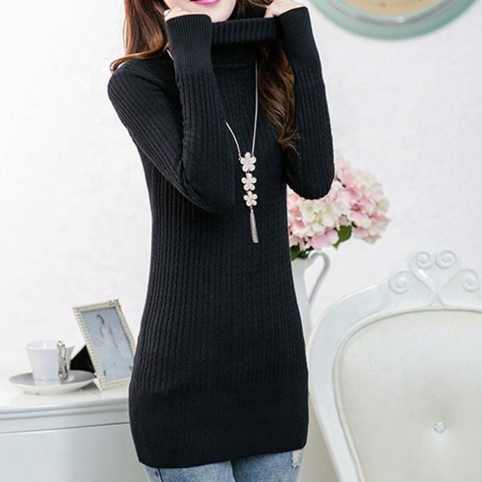 Hot Sale Korean Style Turn-Down Collar Sexy Women Cable Knitted Long Sweater