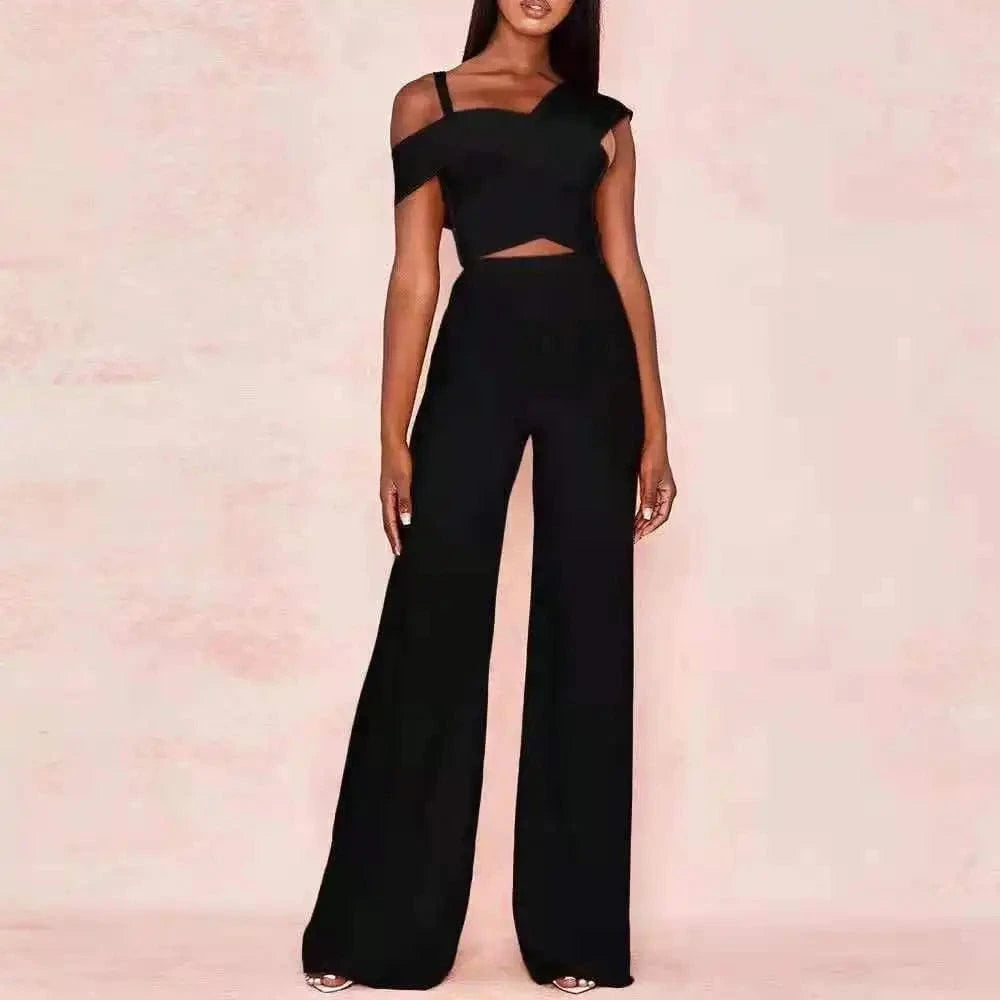 Hot sale Ladies blouse and wide leg suit bandage two piece set