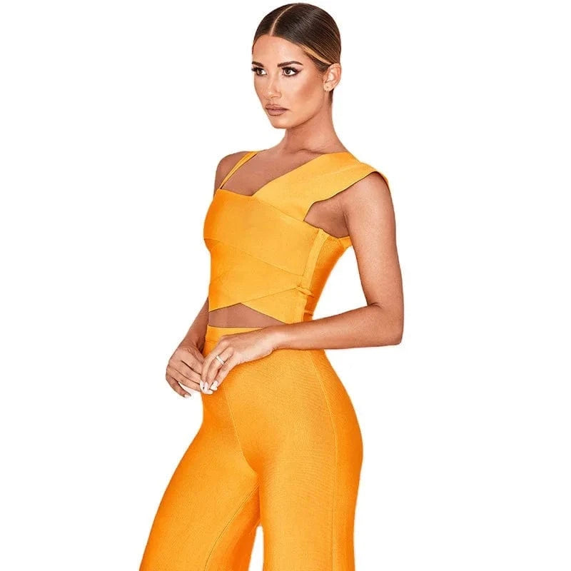 Hot sale Ladies blouse and wide leg suit bandage two piece set