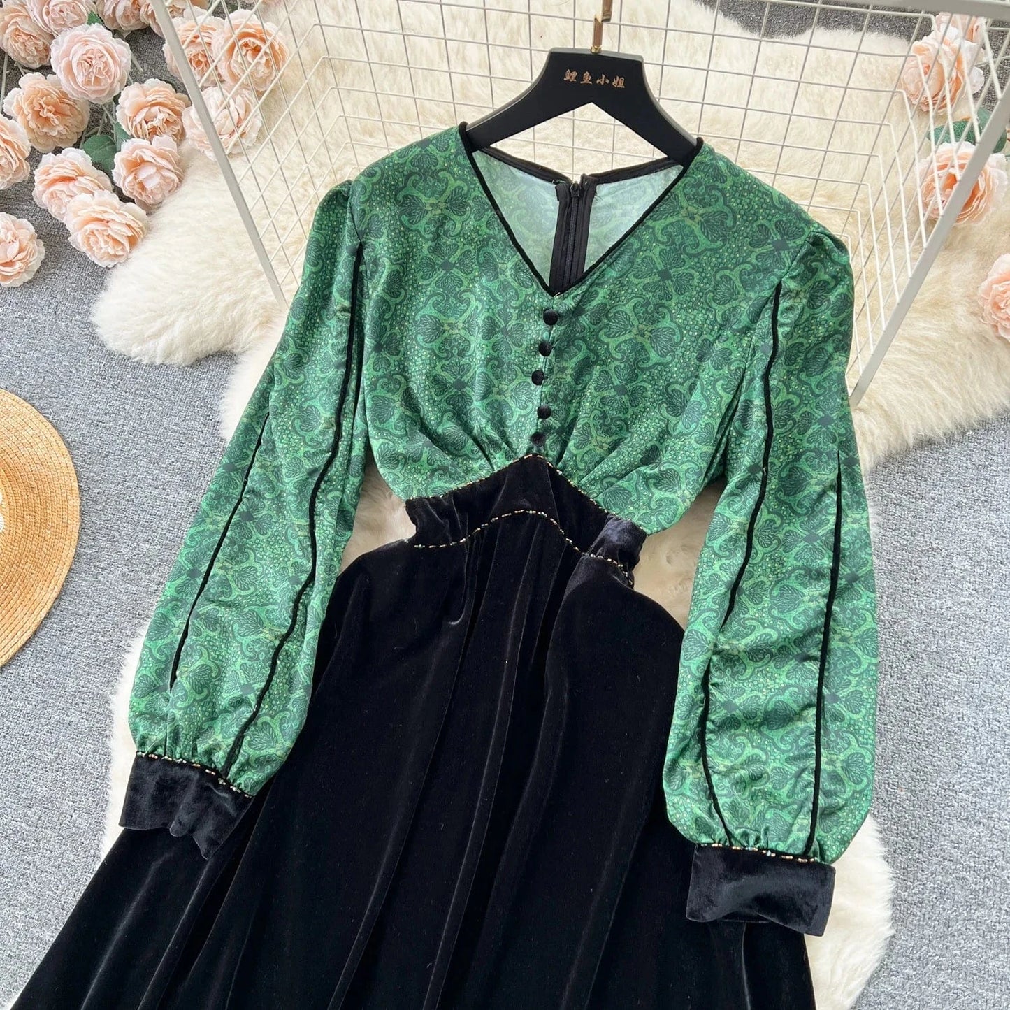 Hot Sale Long Sleeve V Neck Elegant Maxi Dresses Women Empire Slimming Style Buttons Decoration Umbrella Dresses