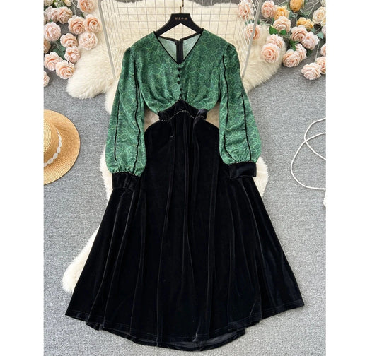 Hot Sale Long Sleeve V Neck Elegant Maxi Dresses Women Empire Slimming Style Buttons Decoration Umbrella Dresses