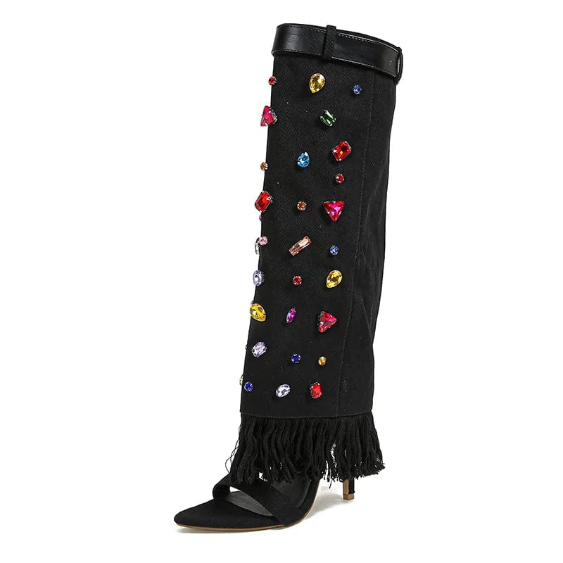 Hot sale New Heavy Industry color rhinestone 2024 denim high heel cool boots fashion women's shoes