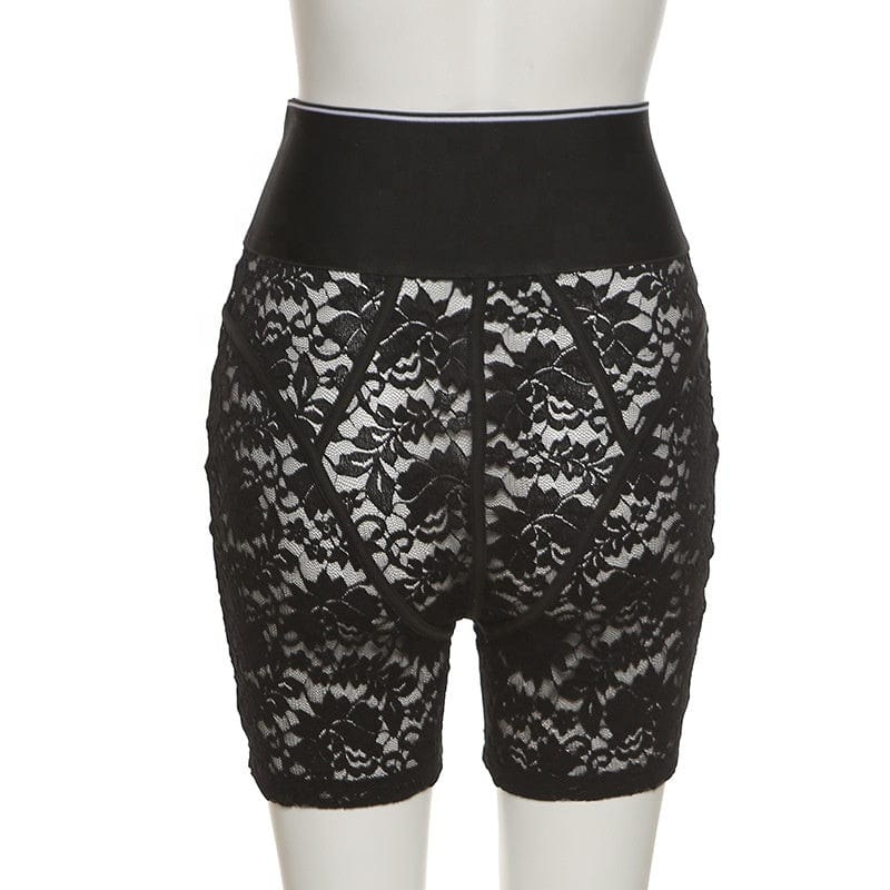 Hot Sale Nightclub Lady High Waist Zipper Shorts See Through Patchwork Pants Women Letter Black Lace Shorts