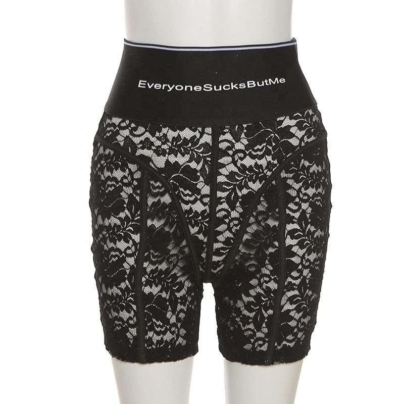 Hot Sale Nightclub Lady High Waist Zipper Shorts See Through Patchwork Pants Women Letter Black Lace Shorts