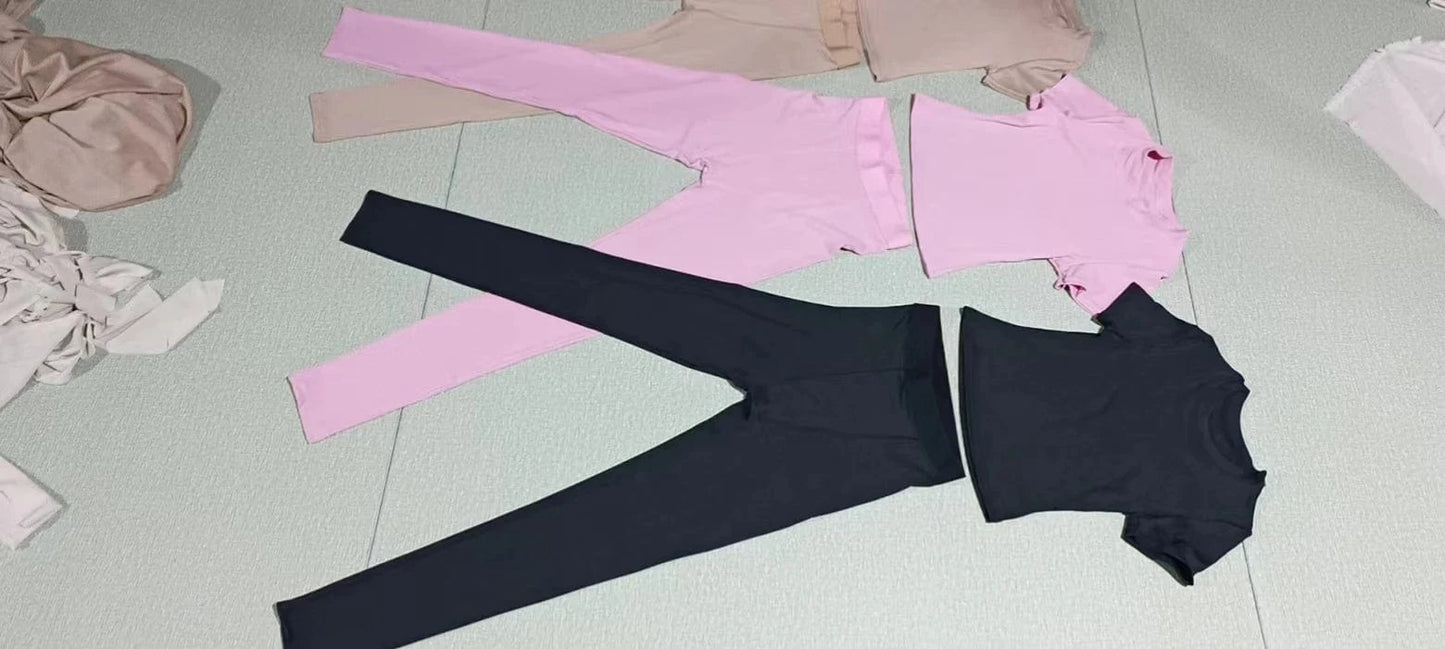 Hot sale Poly stretchy rib fabric crew neck short sleeve t shirt elastic waistband legging two piece pant set women