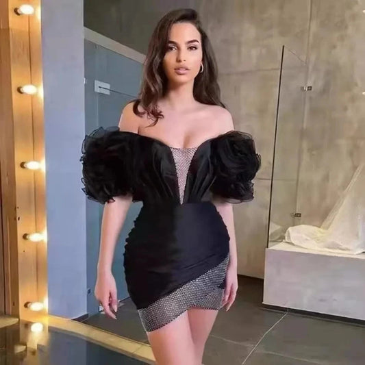 Hot Sale Sexy Gauze Flower Black Woman Dress Crystal Mesh Bandage Dresses High Quality off the Shoulder Bodycon Party Vestidos