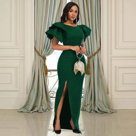 Hot Sale Sexy Sleeveless Ruffles Evening Slim Bridesmaid Dresses Slit Girls Green Dress Prom Dress