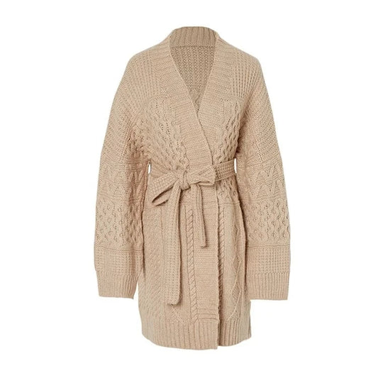 Hot sale white belt cashmere oversized cardigan stripe long sweater set women knit