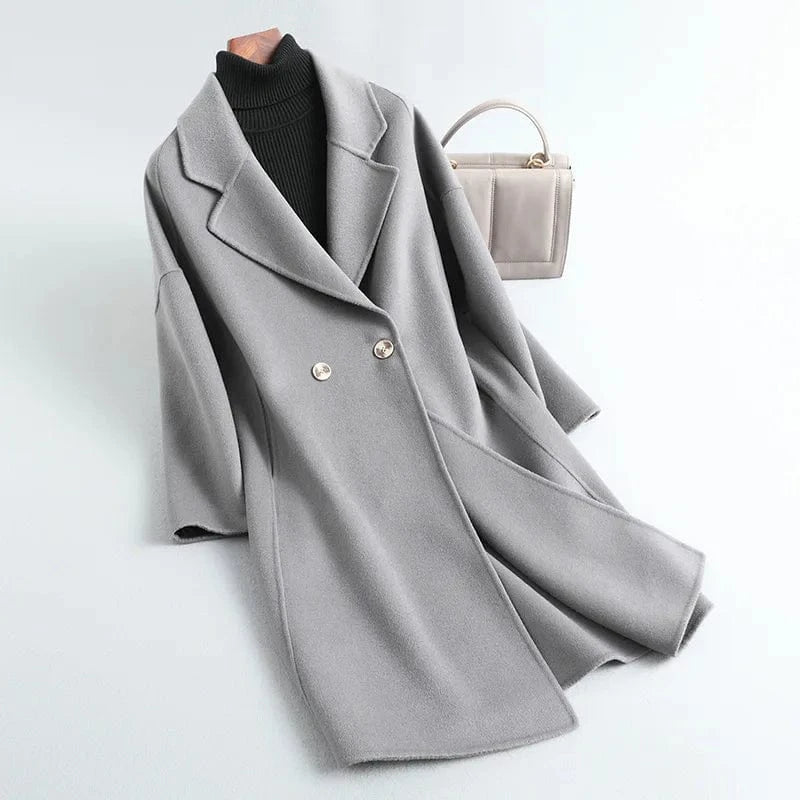 Hot Sale Winter Custom Solid Color Cashmere Coat Turn Down Collar Women Wool Trench Coat