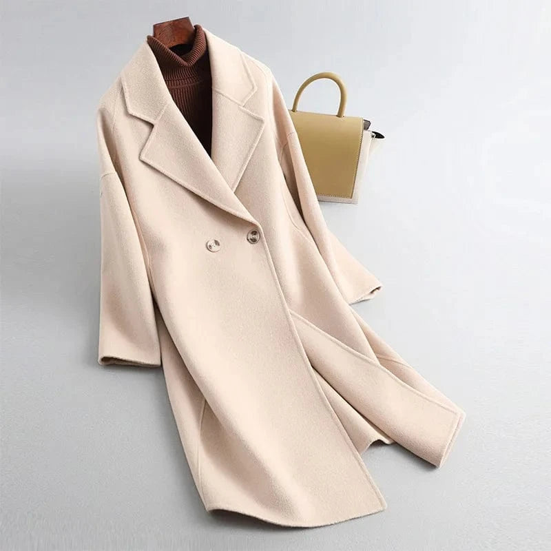 Hot Sale Winter Custom Solid Color Cashmere Coat Turn Down Collar Women Wool Trench Coat