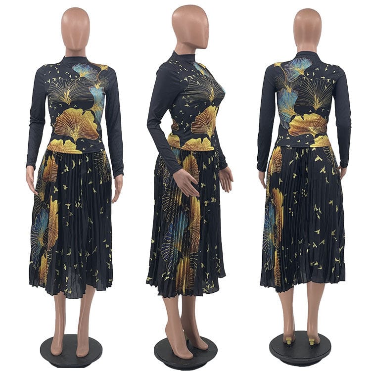 Hot Selling 2023 Spring Women Clothes Fashion Printed Pleated High Waisted Africa Two Piece Skirt And Top Set for Women