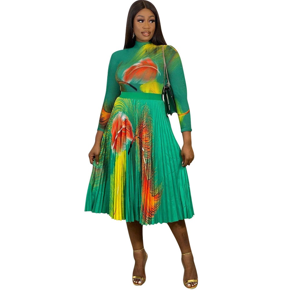 Hot Selling 2023 Spring Women Clothes Fashion Printed Pleated High Waisted Africa Two Piece Skirt And Top Set for Women
