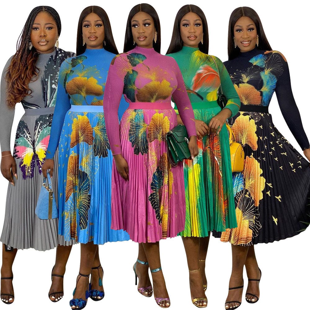Hot Selling 2023 Spring Women Clothes Fashion Printed Pleated High Waisted Africa Two Piece Skirt And Top Set for Women