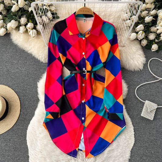 Hot Selling Casual Geometric Print Slit Shirt Dress Women Polo Collar Casual Beach Style Irregular Long Shirt-style Dress