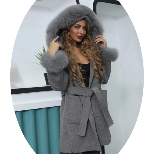 hot selling grey black fox fur collar and fur cuff hood  wool coat wholesale women cashmere wool fur coat