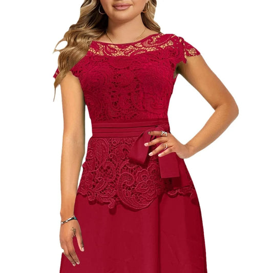 Hot Selling New Summer Plus Size Dress Fashion Lace Stitching Round Neck High Waist Swing Slim Dress
