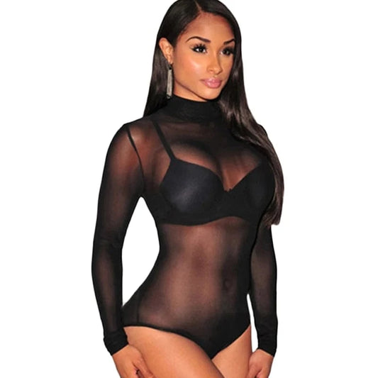 Hot Selling Sheer Black Long Sleeve Sexy Body Suit Bodycon Mesh Bodysuit For Woman