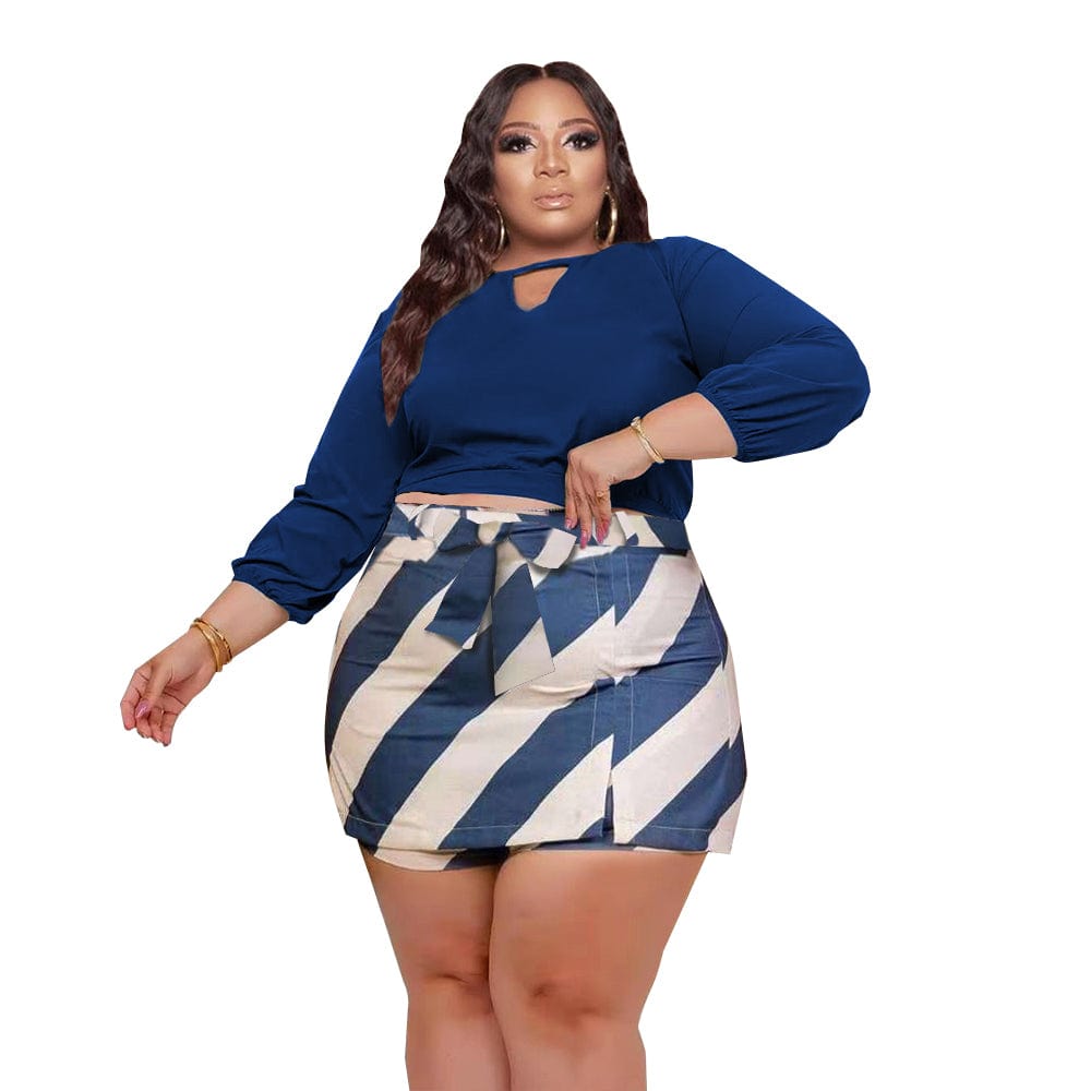 Hot Selling Soft Fabric Plus Size Long Sleeve Top + Plaid Mini Culottes Two Piece Sets