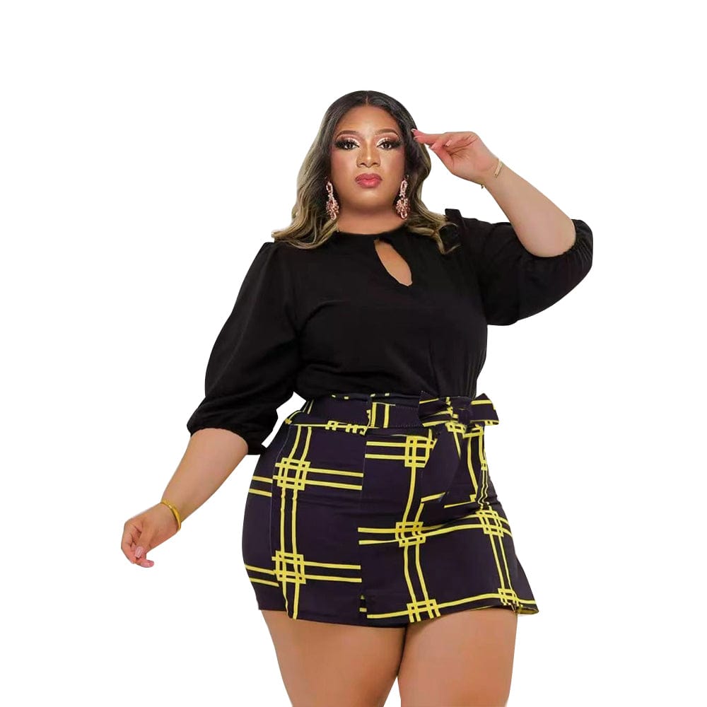 Hot Selling Soft Fabric Plus Size Long Sleeve Top + Plaid Mini Culottes Two Piece Sets
