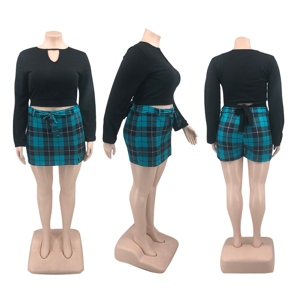 Hot Selling Soft Fabric Plus Size Long Sleeve Top + Plaid Mini Culottes Two Piece Sets