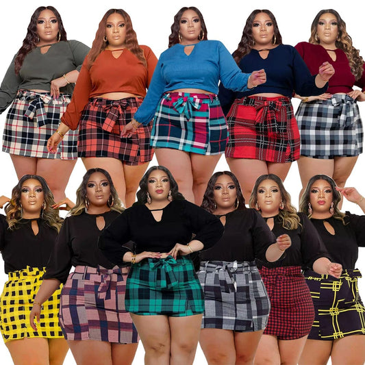 Hot Selling Soft Fabric Plus Size Long Sleeve Top + Plaid Mini Culottes Two Piece Sets