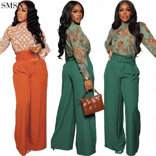 Hot Selling Solid Color Belt Wide Leg Casual Temperament Trousers Long Pants Women Autumn Ladies Long Pant