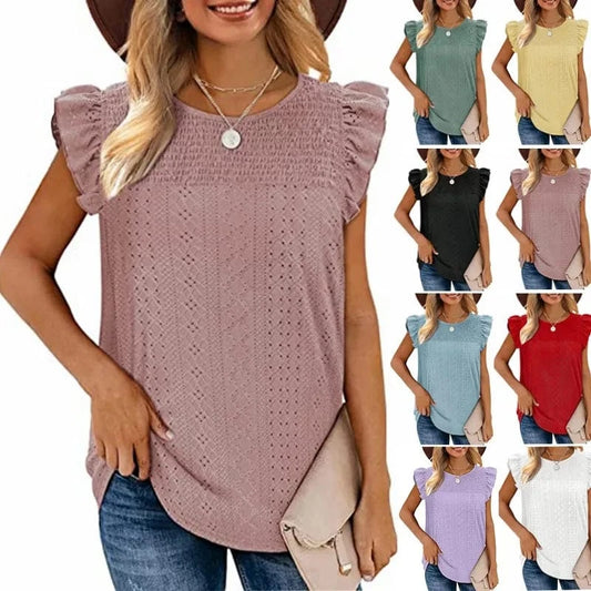 Hot Selling Summer New Women's Round  T-Shirt Cute Jacquard Top Ruffled Loose Waist Shirt
