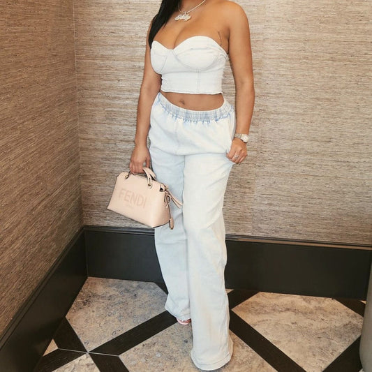 Hot selling trendy washed sexy tube denim crop top wide leg jeans pants matching 2 two piece set women clothing