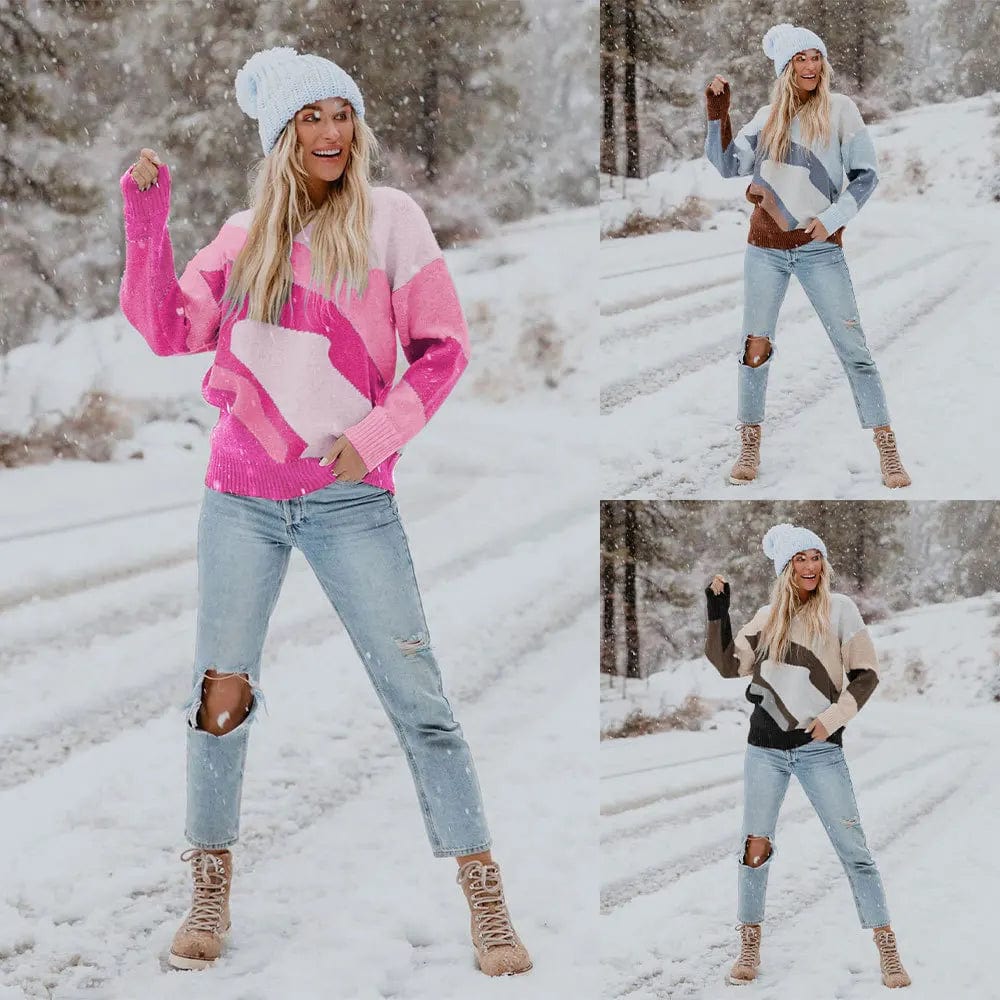 Hot Selling Winter Casual Multi Color Match Knit Women Sweater