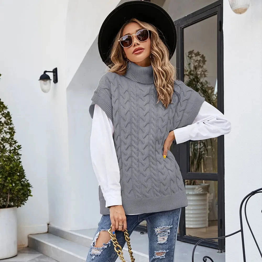 Hot Selling Winter Casual Sleeveless Solid Fashion Women Turtle Neck Sweater