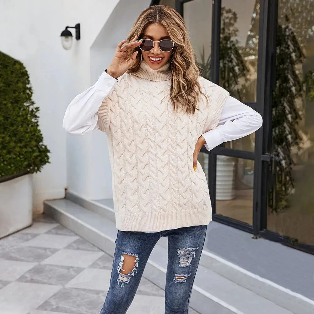 Hot Selling Winter Casual Sleeveless Solid Fashion Women Turtle Neck Sweater