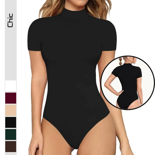 Hot Selling Women's Sexy Solid  Turtleneck Short-sleeved Jumpsuit Leotard Shapewear